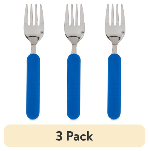 (3 Pack)  Toddler Fork and Spoon Set Silver Stainless Steel with Blue Plastic Handle