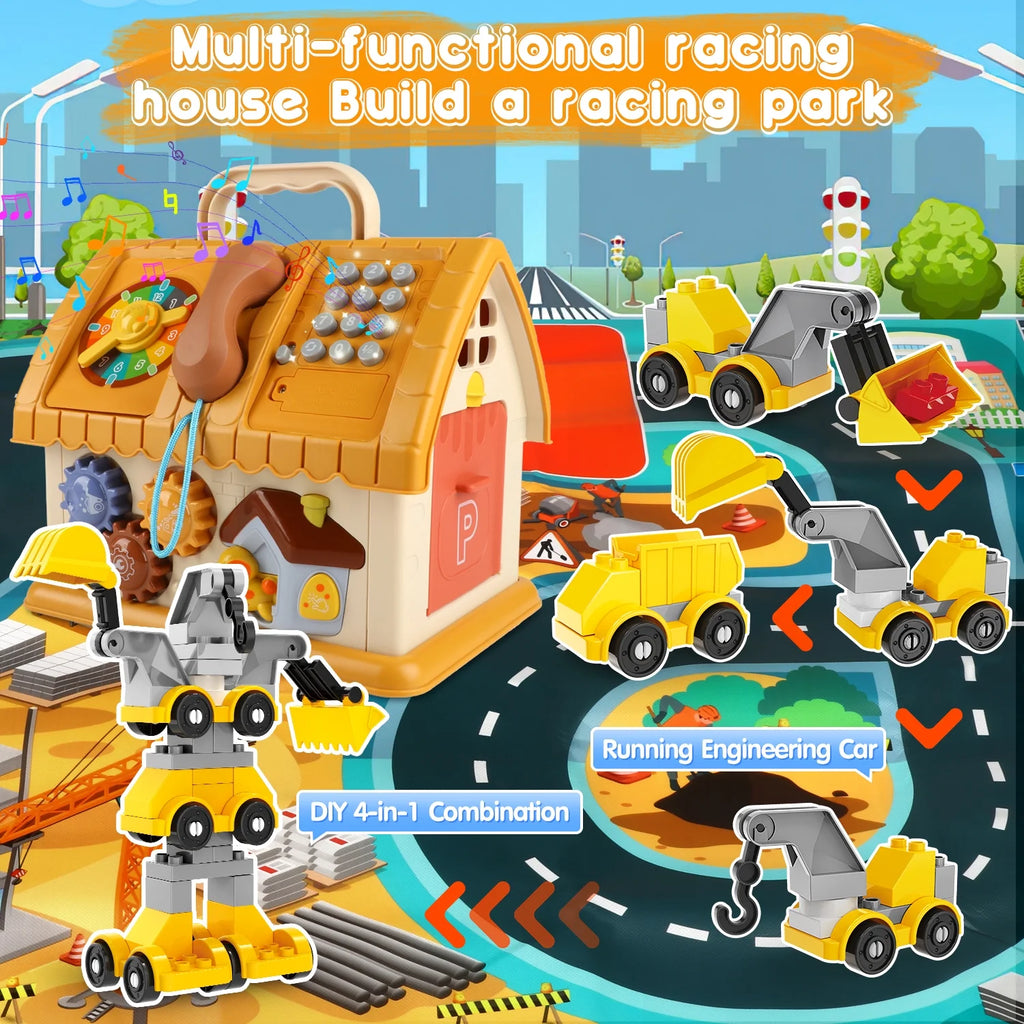 Toddler Montessori Toys for 1+ Year Old, 8-In-1 Multi-Functional Learning House, with 4 Building Cars and Map, Sound & Light Early Educational Kids Christmas Gifts