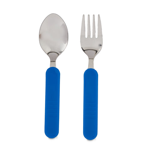 (3 Pack)  Toddler Fork and Spoon Set Silver Stainless Steel with Blue Plastic Handle